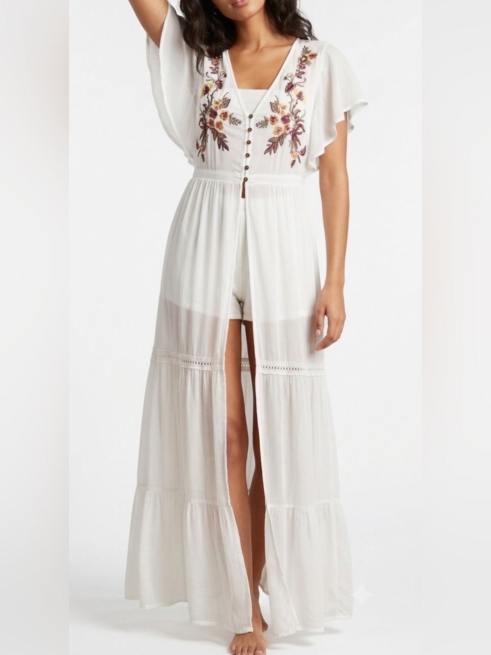 Xhilaration Women’s S White Embroidered Floral Swim  Coverup/Cardigan Long Sheer
